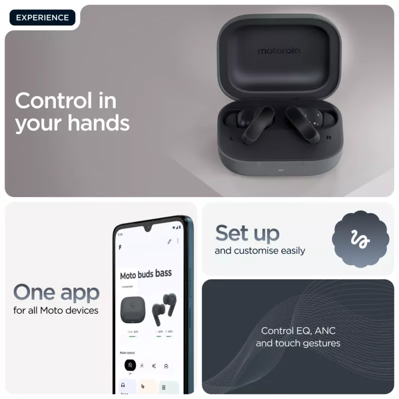 Ausinės MOTOROLA Moto Buds Bass TWS Bluetooth į ausis įdedamos skambučiams ir muzikai, juodos, 51 g