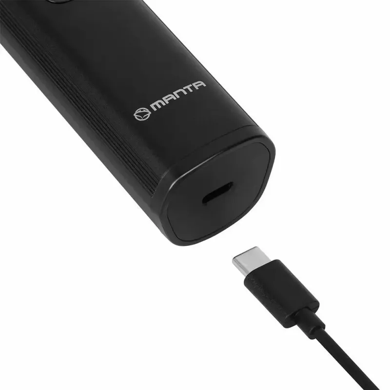 Belaidis įkraunamas plaukų kirpimo aparatas MANTA HT-01BK — USB-C, IPX7 atsparus vandeniui, 90 min. baterija, 6 + 4 magnetiniai priedai