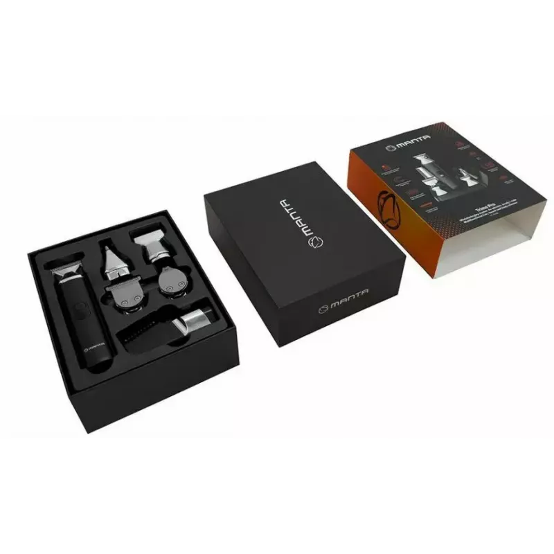 Belaidis įkraunamas plaukų kirpimo aparatas MANTA HT-01BK — USB-C, IPX7 atsparus vandeniui, 90 min. baterija, 6 + 4 magnetiniai priedai