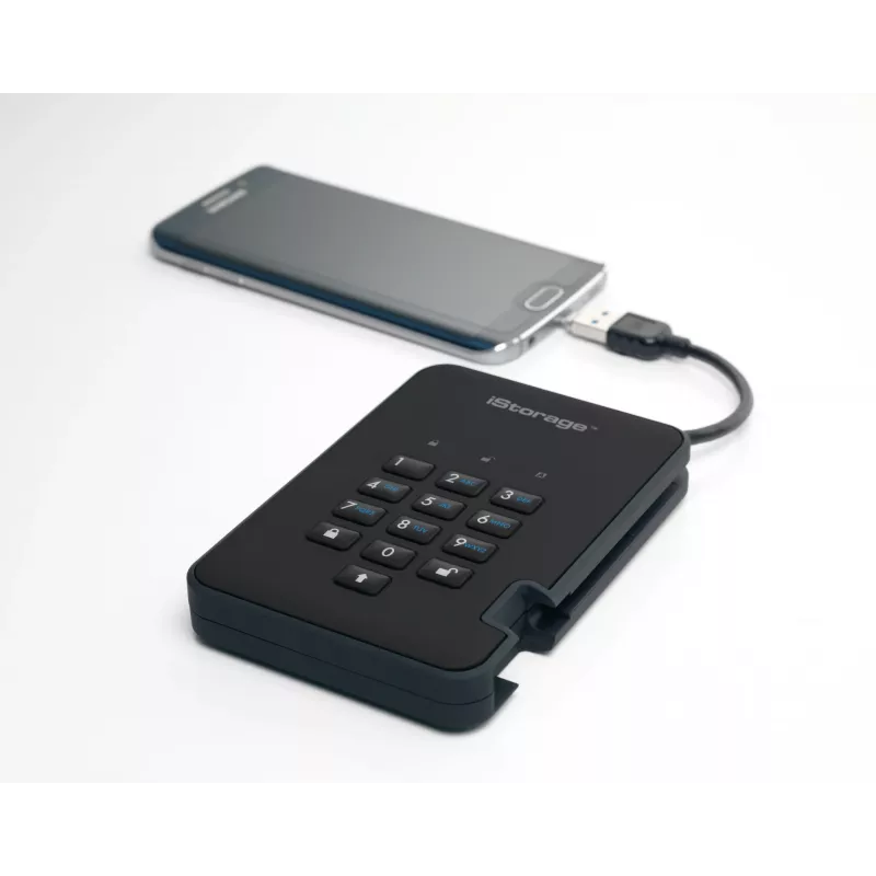 iStorage diskAshur2 256-bit 1TB USB 3.2 saugus šifruotas kietojo kūno diskas – juodas IS-DA2-256-SSD-1TB-B
