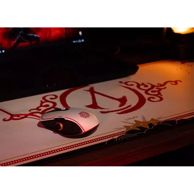 Lexip X Ubisoft - Assassin's Creed - Shadows pelė, dešiniarankė, optinė, USB Type-A, 12000 DPI, juoda, auksinė, raudona, balta