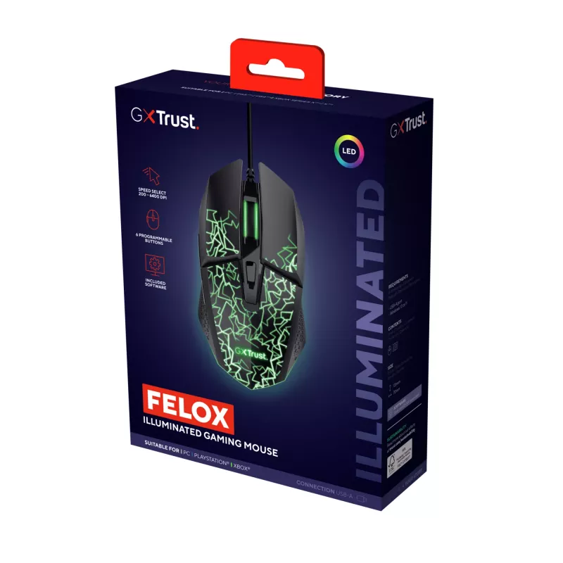Trust GXT 113 Felox pelė Žaidimų Dešiniarankiams USB Type-A optinė 6400 DPI