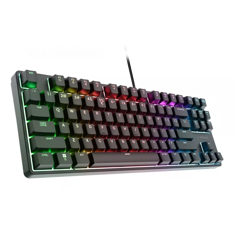 Mechaninė žaidimų klaviatūra TRUST 26135, 80% 87 klavišai, QWERTZ vokiškas išdėstymas, USB laidinė, juoda, 1,8 m laidas