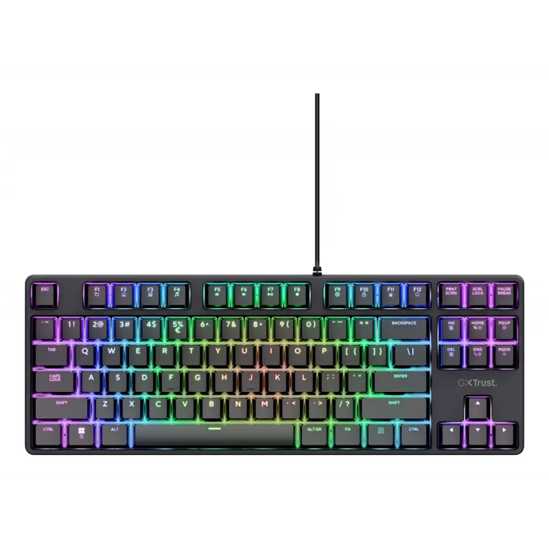 Mechaninė žaidimų klaviatūra TRUST 26135, 80% 87 klavišai, QWERTZ vokiškas išdėstymas, USB laidinė, juoda, 1,8 m laidas