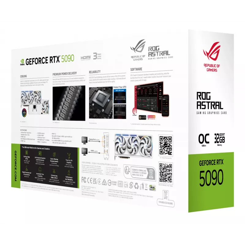 Vaizdo plokštė ASUS ROG Astral GeForce RTX 5090, 32 GB GDDR7, 512 bitų, PCIe 5.0, 3 ventiliatoriai, balta