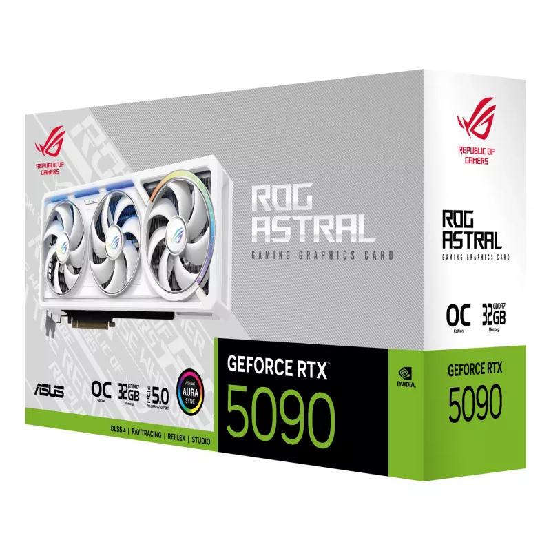 Vaizdo plokštė ASUS ROG Astral GeForce RTX 5090, 32 GB GDDR7, 512 bitų, PCIe 5.0, 3 ventiliatoriai, balta