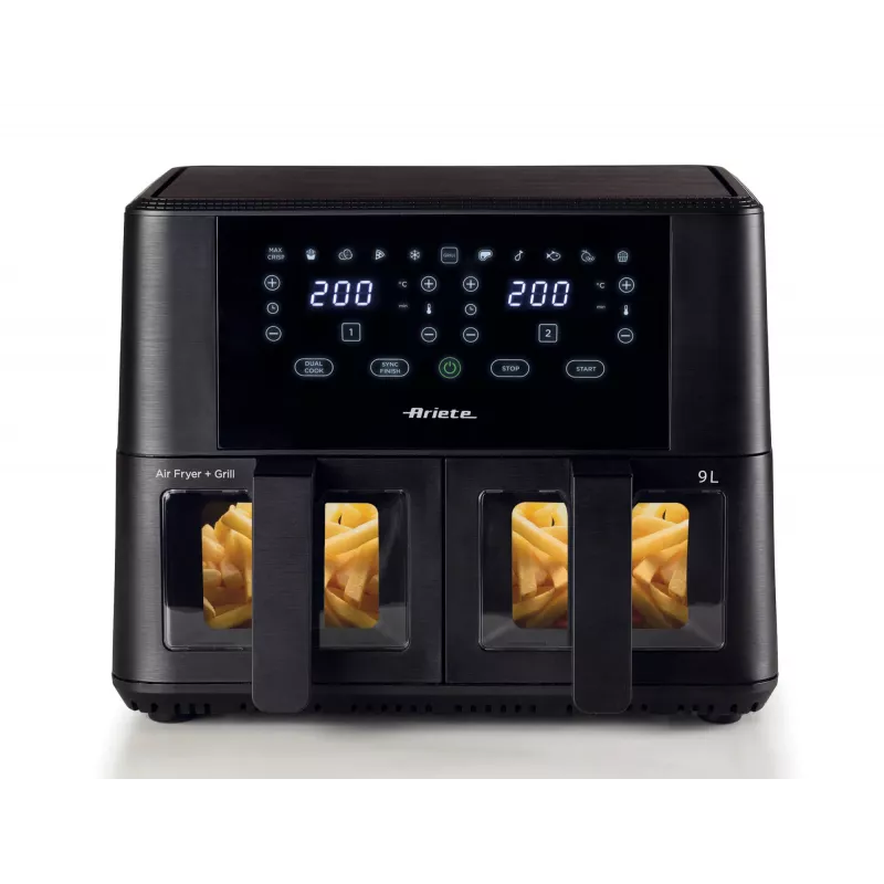 Ariete 4631 Dviguba karšto oro gruzdintuvė 9L, 2400W, bendra talpa 9L, 11 programų, daugiafunkcė, iki 3,6 kg kepto maisto, temperatūra iki 200 °C, dvigubas krepšys, juoda