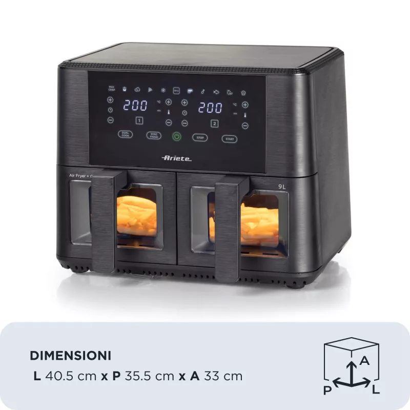 Ariete 4631 Dviguba karšto oro gruzdintuvė 9L, 2400W, bendra talpa 9L, 11 programų, daugiafunkcė, iki 3,6 kg kepto maisto, temperatūra iki 200 °C, dvigubas krepšys, juoda