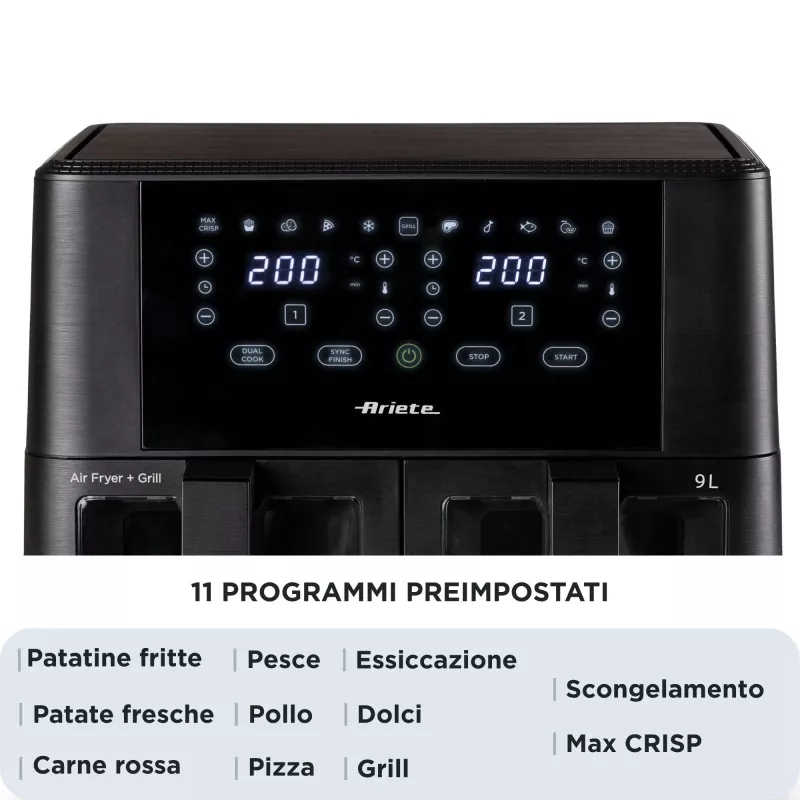 Ariete 4631 Dviguba karšto oro gruzdintuvė 9L, 2400W, bendra talpa 9L, 11 programų, daugiafunkcė, iki 3,6 kg kepto maisto, temperatūra iki 200 °C, dvigubas krepšys, juoda