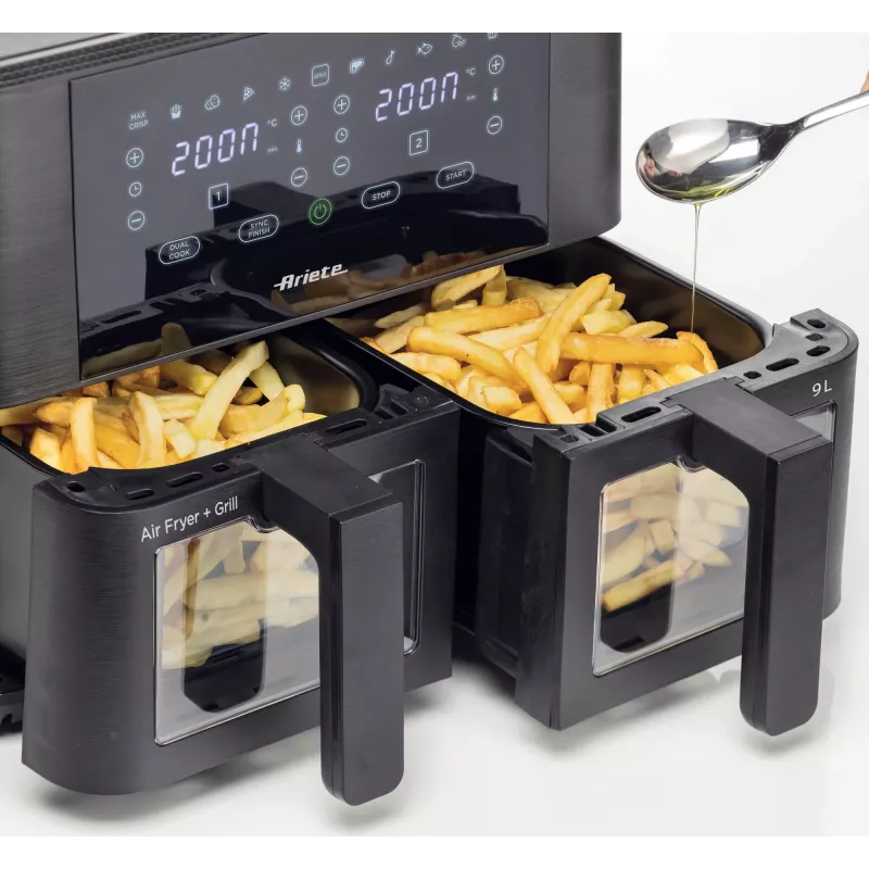 Ariete 4631 Dviguba karšto oro gruzdintuvė 9L, 2400W, bendra talpa 9L, 11 programų, daugiafunkcė, iki 3,6 kg kepto maisto, temperatūra iki 200 °C, dvigubas krepšys, juoda