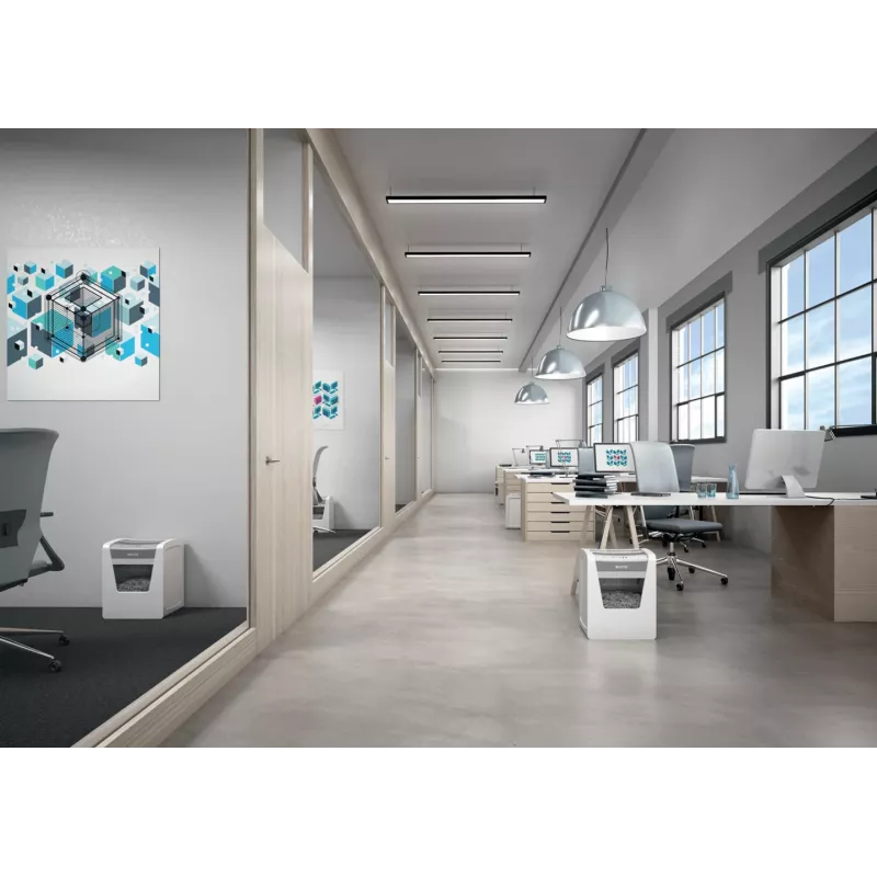 “Leitz IQ Office” popieriaus smulkintuvas, apsaugos lygis P5, mikropjovimas, 22,3 cm, 2 x 15 mm, 23 l, 250 lapų, 55 dB