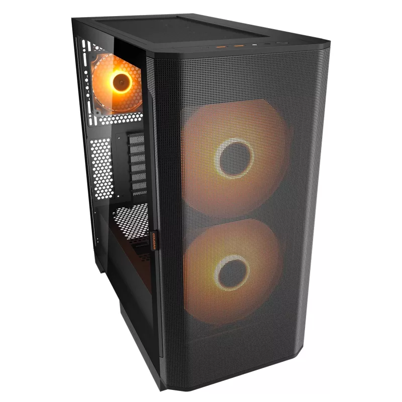 PC Midi Tower korpusas Cougar Airface FLO ARGB, juodas – palaiko 2x180 mm priekinius, 1x120 mm galinį ventiliatorius, 2,5/3,5 colių diskus, 240×480×509 mm