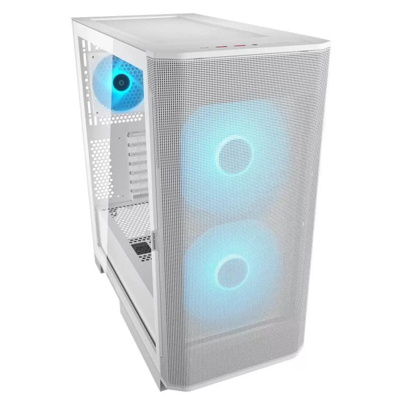COUGAR PC Midi Tower korpusas Airface FLO ARGB Baltas — 2x180 mm priekyje, 1x120 mm gale, palaiko 2,5 col./3,5 col. HDD, 240×480×509 mm