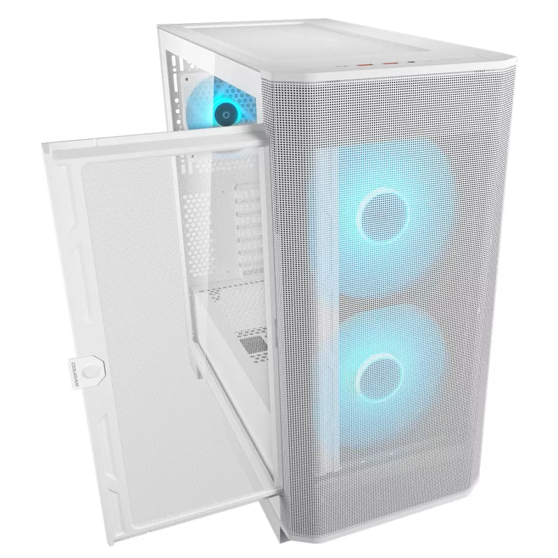 COUGAR PC Midi Tower korpusas Airface FLO ARGB Baltas — 2x180 mm priekyje, 1x120 mm gale, palaiko 2,5 col./3,5 col. HDD, 240×480×509 mm