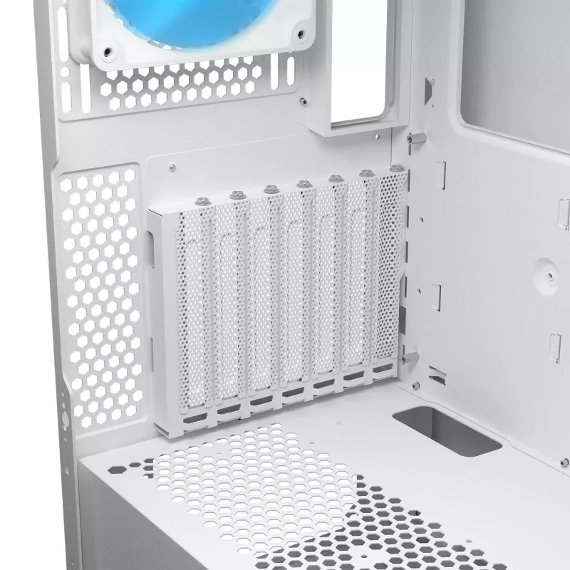 COUGAR PC Midi Tower korpusas Airface FLO ARGB Baltas — 2x180 mm priekyje, 1x120 mm gale, palaiko 2,5 col./3,5 col. HDD, 240×480×509 mm