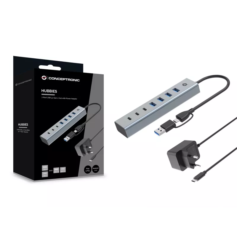 Conceptronic HUBBIES20GP 7 prievadų USB 3.0 šakotuvas su maitinimo adapteriu, 5 Gbps, USB-C x 3, USB-A x 4