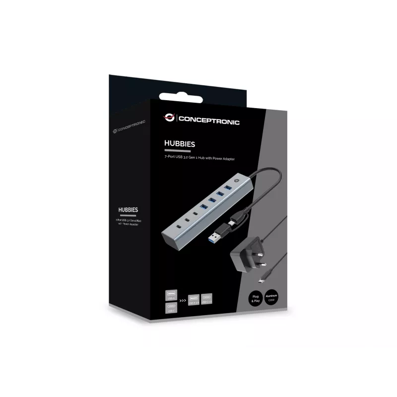 Conceptronic HUBBIES20GP 7 prievadų USB 3.0 šakotuvas su maitinimo adapteriu, 5 Gbps, USB-C x 3, USB-A x 4