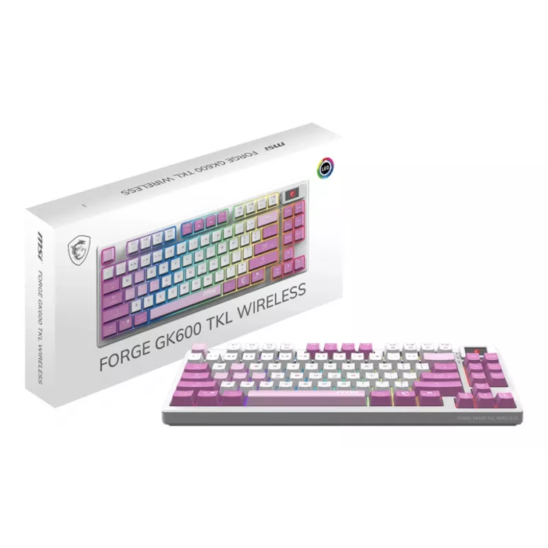 MSI FORGE GK600 TKL WIRELESS VIOLET klaviatūra, skirta žaidimams USB + Bluetooth QWERTY ispaniška rožinė, violetinė, balta