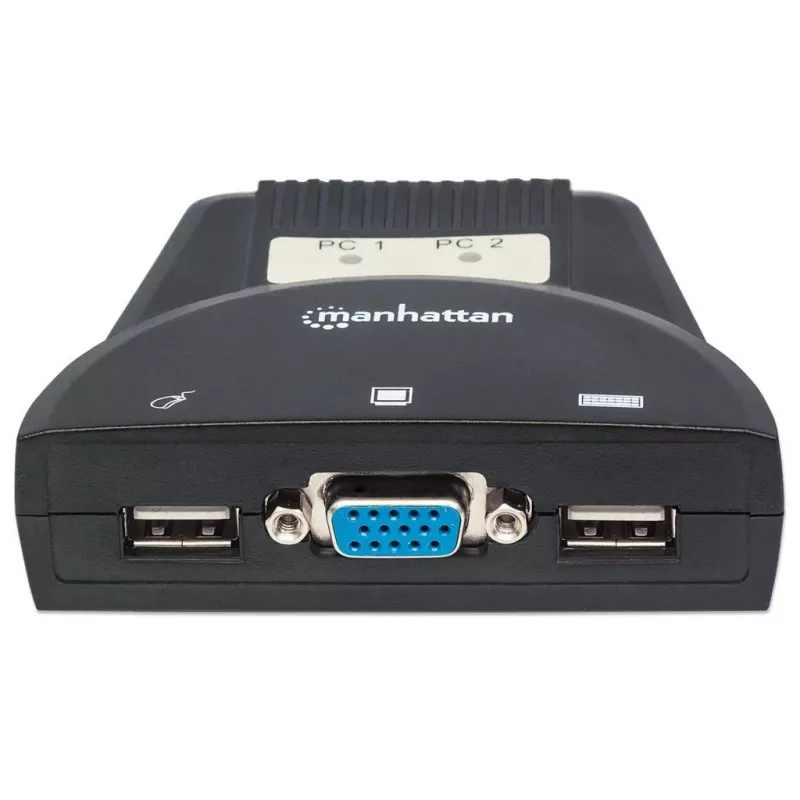 Manhattan KVM Switch Mini 2-Port, 2x USB-A, komplekte laidai, garso palaikymas, valdykite 2 kompiuterius vienu kompiuteriu/pele/ekranu, juodas, garantija visam gyvenimui, dėžutėje