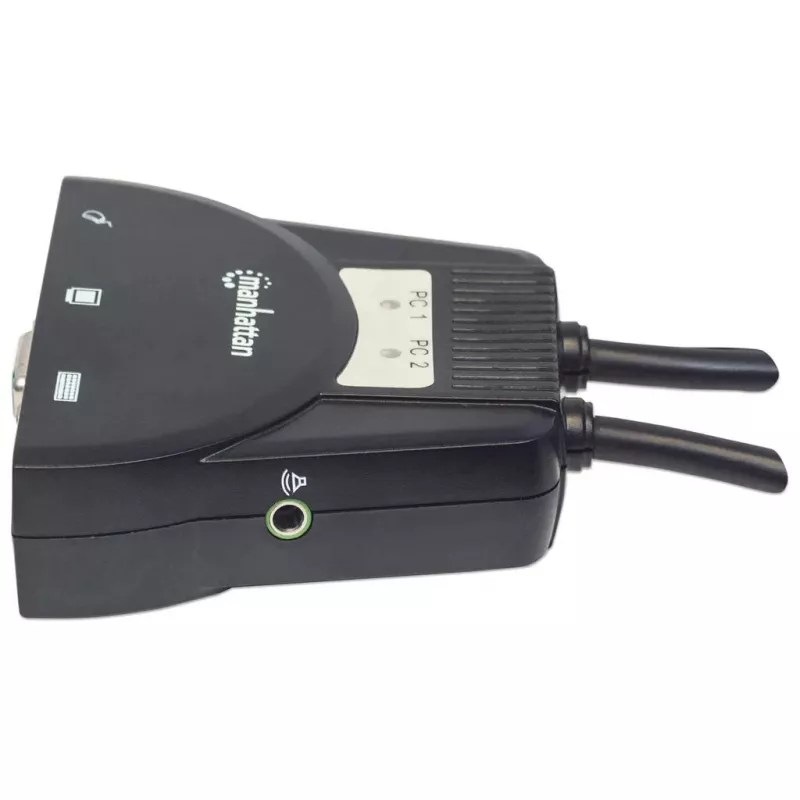 Manhattan KVM Switch Mini 2-Port, 2x USB-A, komplekte laidai, garso palaikymas, valdykite 2 kompiuterius vienu kompiuteriu/pele/ekranu, juodas, garantija visam gyvenimui, dėžutėje