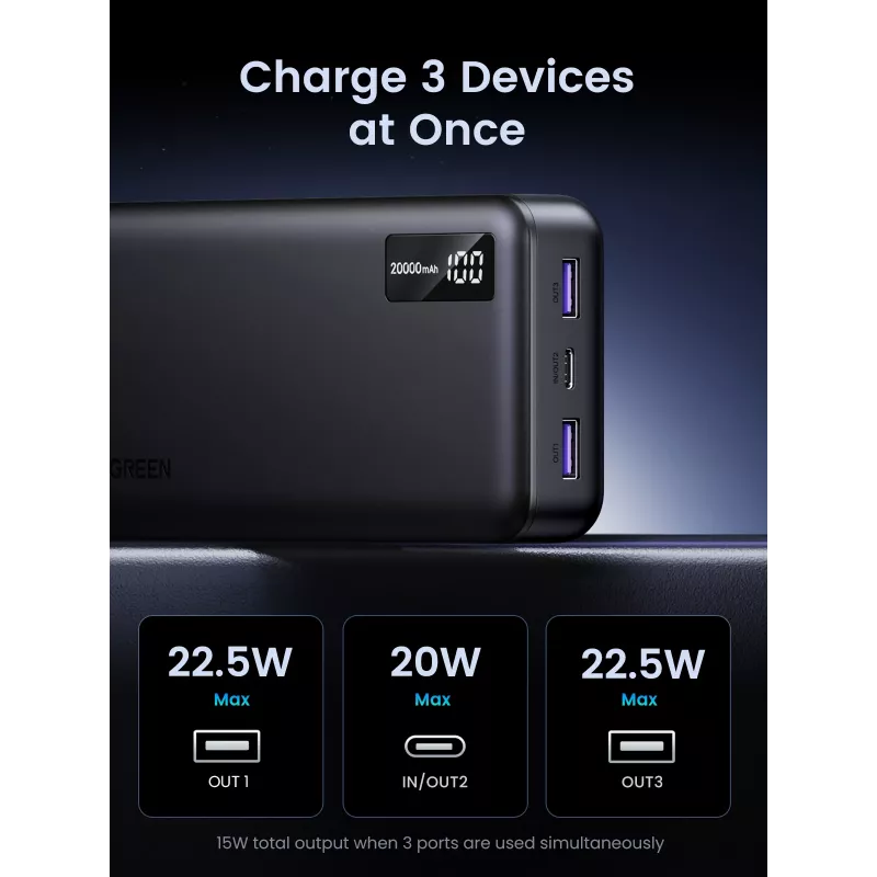 Ugreen 25683 išorinė baterija 20000 mAh Juoda