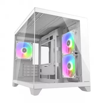 Mini bokšto PC korpusas Cougar FV150 ARGB baltas — Micro-ATX / Mini-ITX, šoninis langas, 2x120mm + 1x120mm ventiliatoriai, 2,5 colio ir 3,5 colio nišos