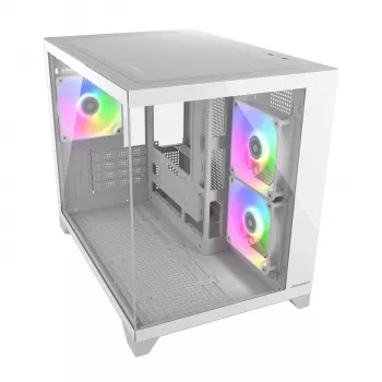 Mini bokšto PC korpusas Cougar FV150 ARGB baltas — Micro-ATX / Mini-ITX, šoninis langas, 2x120mm + 1x120mm ventiliatoriai, 2,5 colio ir 3,5 colio nišos