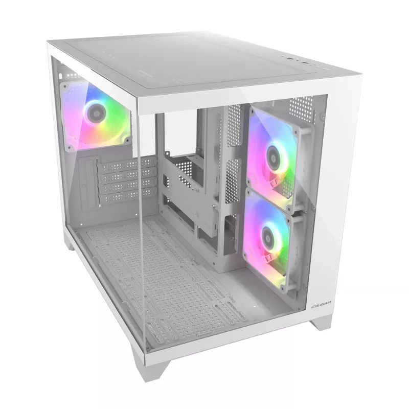 Mini bokšto PC korpusas Cougar FV150 ARGB baltas — Micro-ATX / Mini-ITX, šoninis langas, 2x120mm + 1x120mm ventiliatoriai, 2,5 colio ir 3,5 colio nišos