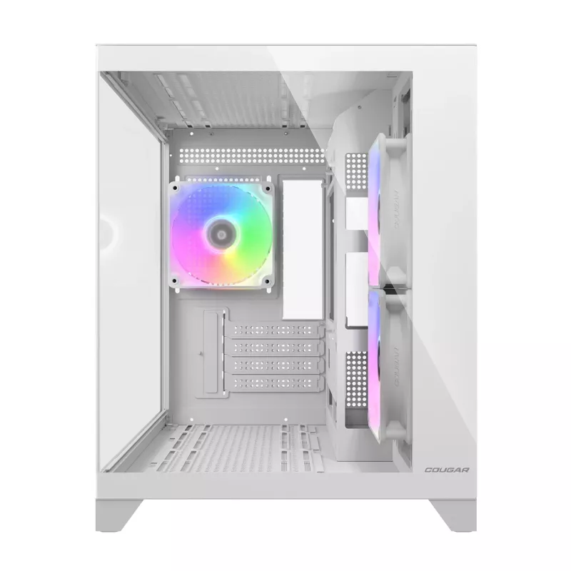 Mini bokšto PC korpusas Cougar FV150 ARGB baltas — Micro-ATX / Mini-ITX, šoninis langas, 2x120mm + 1x120mm ventiliatoriai, 2,5 colio ir 3,5 colio nišos