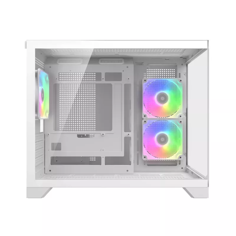 Mini bokšto PC korpusas Cougar FV150 ARGB baltas — Micro-ATX / Mini-ITX, šoninis langas, 2x120mm + 1x120mm ventiliatoriai, 2,5 colio ir 3,5 colio nišos