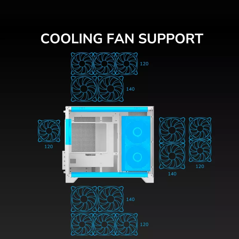 Mini bokšto PC korpusas Cougar FV150 ARGB baltas — Micro-ATX / Mini-ITX, šoninis langas, 2x120mm + 1x120mm ventiliatoriai, 2,5 colio ir 3,5 colio nišos