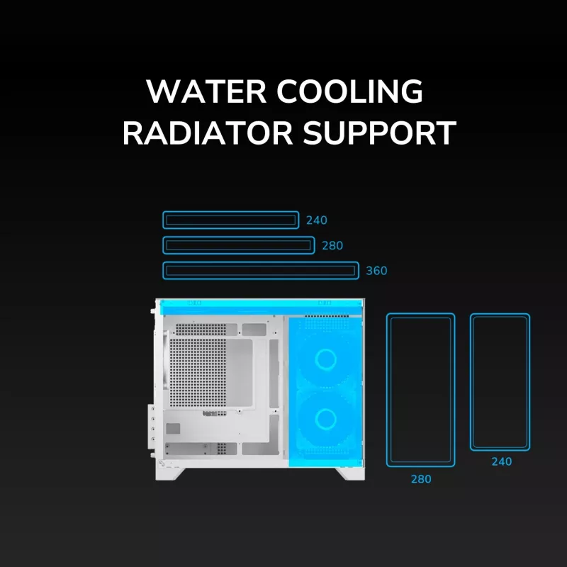 Mini bokšto PC korpusas Cougar FV150 ARGB baltas — Micro-ATX / Mini-ITX, šoninis langas, 2x120mm + 1x120mm ventiliatoriai, 2,5 colio ir 3,5 colio nišos
