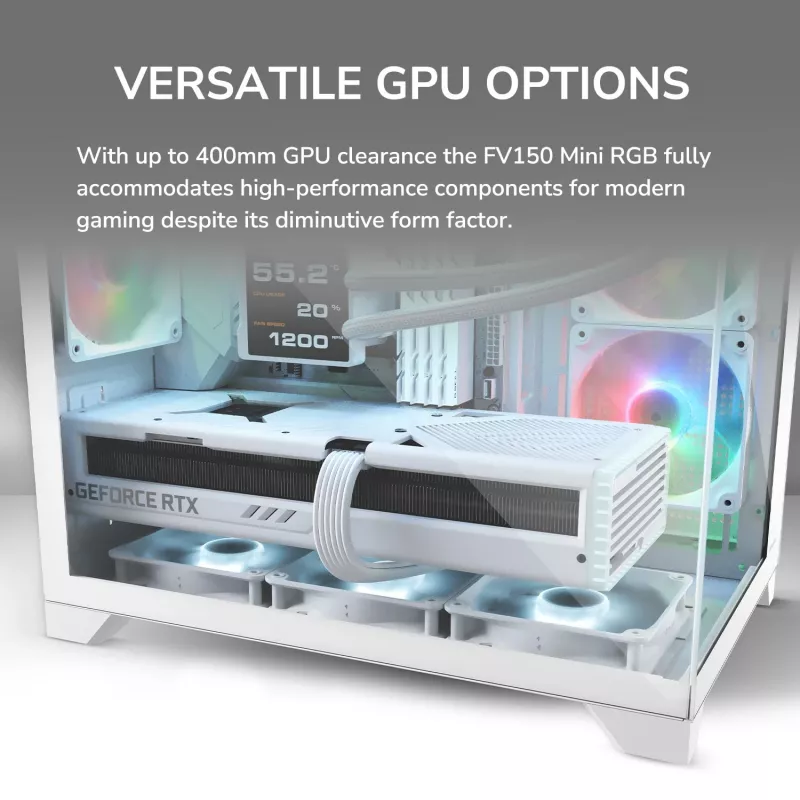 Mini bokšto PC korpusas Cougar FV150 ARGB baltas — Micro-ATX / Mini-ITX, šoninis langas, 2x120mm + 1x120mm ventiliatoriai, 2,5 colio ir 3,5 colio nišos