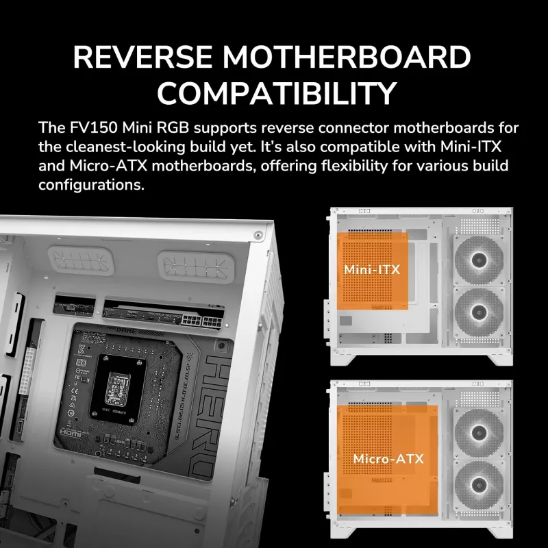 Mini bokšto PC korpusas Cougar FV150 ARGB baltas — Micro-ATX / Mini-ITX, šoninis langas, 2x120mm + 1x120mm ventiliatoriai, 2,5 colio ir 3,5 colio nišos