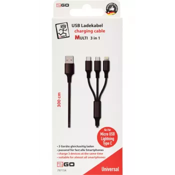 USB laidas 2GO 797154 3m USB B USB C/Micro-USB B/Lightning juoda