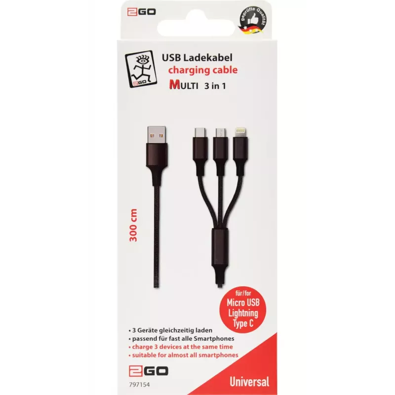 USB laidas 2GO 797154 3m USB B USB C/Micro-USB B/Lightning juoda