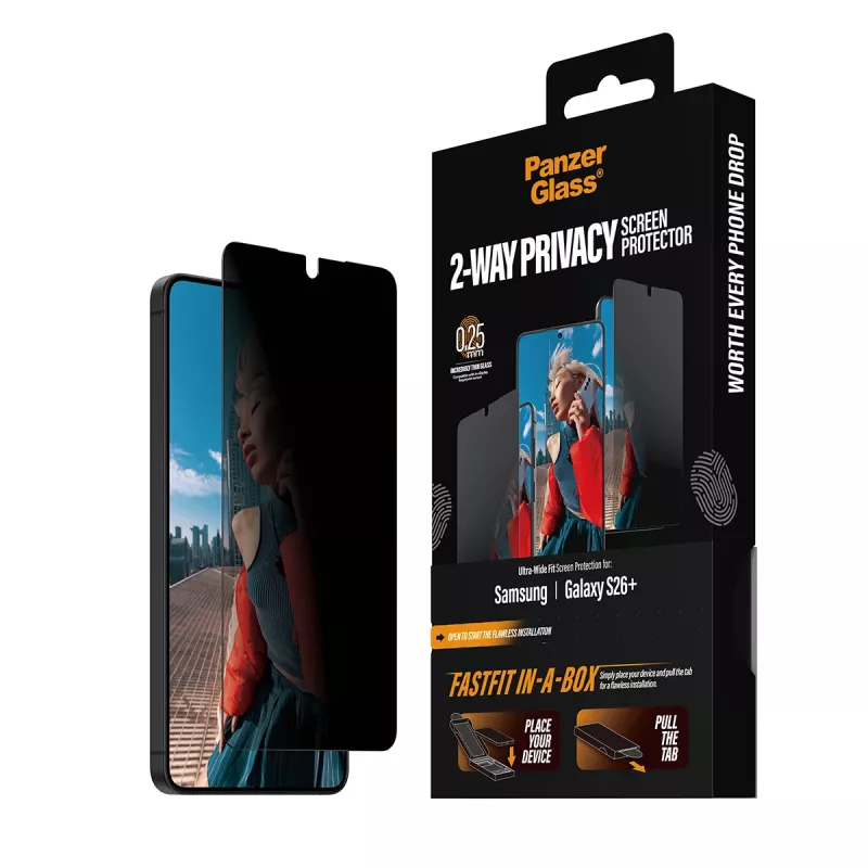 Ekrano apsauga PanzerGlass 2-Way Privacy, skirta Samsung New Galaxy S 2026 Plus — itin plati PET plėvelė su FASTFIT