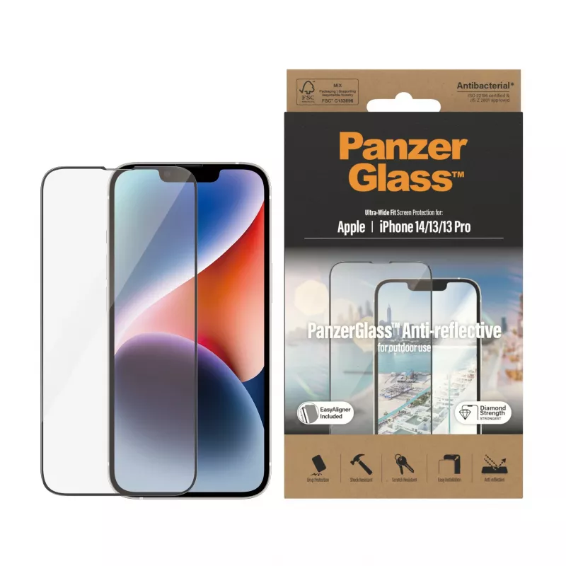 Ekrano apsauginė plėvelė PanzerGlass Anti-reflective, skirta Apple iPhone 14 / 13 / 13 Pro — grūdintas stiklas, PET, itin platus pritaikymas, EasyAligner