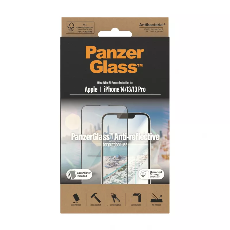 Ekrano apsauginė plėvelė PanzerGlass Anti-reflective, skirta Apple iPhone 14 / 13 / 13 Pro — grūdintas stiklas, PET, itin platus pritaikymas, EasyAligner