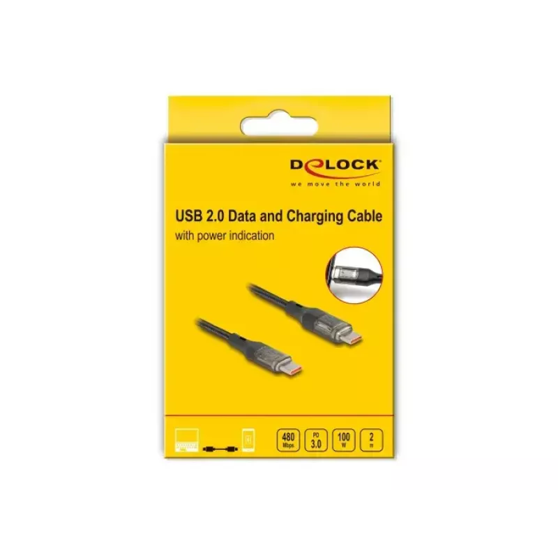 kabelis DELOCK USB Type-C to USB Type-C PD 3.0 100 W USB 2.0 duomenys 2 m su galios indikacija