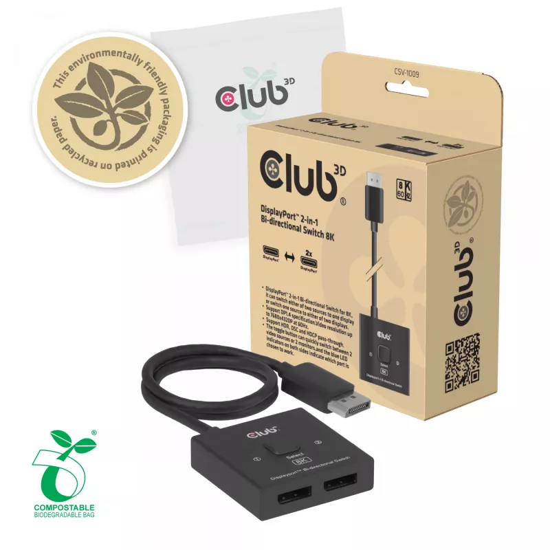 DisplayPort 2‑in‑1 Bi‑directional Switch CLUB3D CSV-1009 — 2x DisplayPort outputs, 8K@60Hz, Juoda