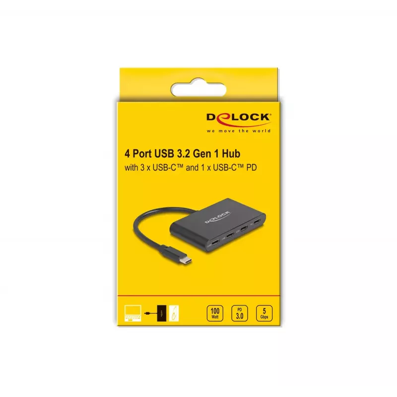 DeLOCK USB 3.2 Gen 1 USB Type-C koncentratorius 3 x USB Type-C lizdas 1 x USB Type-C PD 100 W