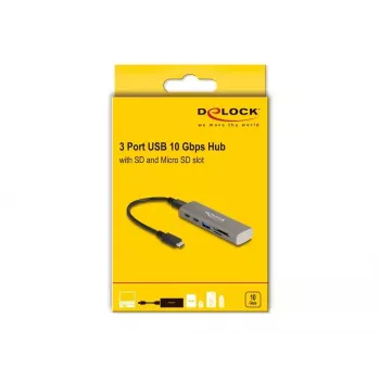 DeLOCK 3 prievadų USB šakotuvas 10 Gbps su SD ir „Micro SD“ kortelių skaitytuvu Type-C