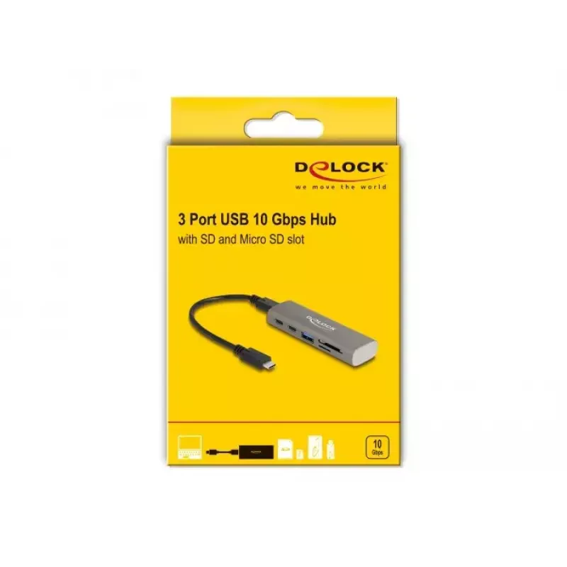 DeLOCK 3 prievadų USB šakotuvas 10 Gbps su SD ir „Micro SD“ kortelių skaitytuvu Type-C