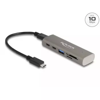 DeLOCK 3 prievadų USB šakotuvas 10 Gbps su SD ir „Micro SD“ kortelių skaitytuvu Type-C