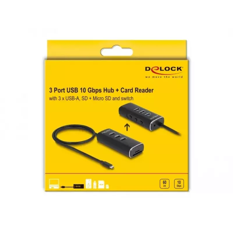 DeLOCK 3 prievadų USB šakotuvas 10 Gbps su SD Micro SD skaitytuvu Type-C 60 cm laidas