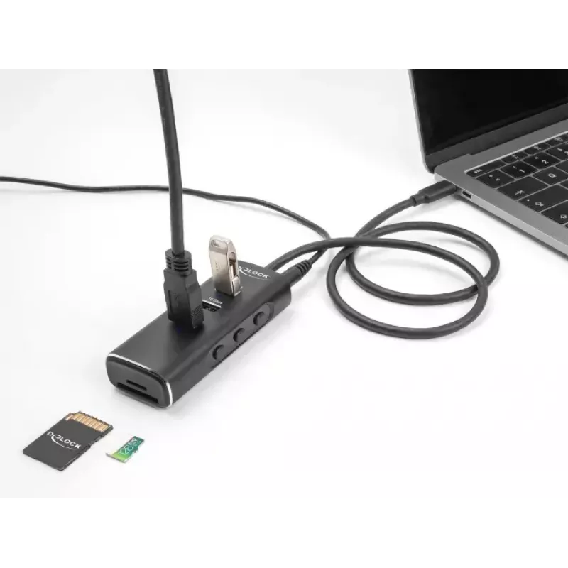 DeLOCK 3 prievadų USB šakotuvas 10 Gbps su SD Micro SD skaitytuvu Type-C 60 cm laidas