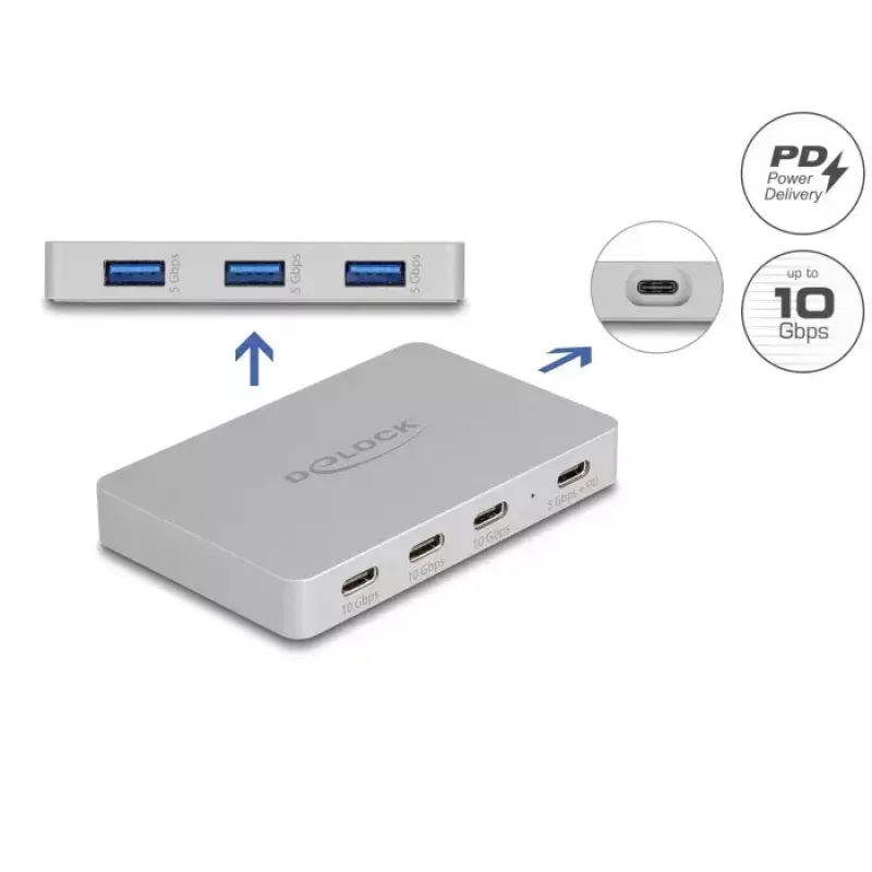 DeLOCK 7 prievadų USB šakotuvas 4 x USB Type-C 3 x USB Type-A PD 82W
