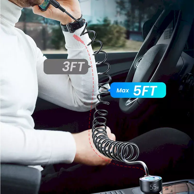 Automobilinis įkroviklis Joyroom JR-CL07 3-in-1 60W su įmontuotu USB-C laidu 1,6 m, juodas