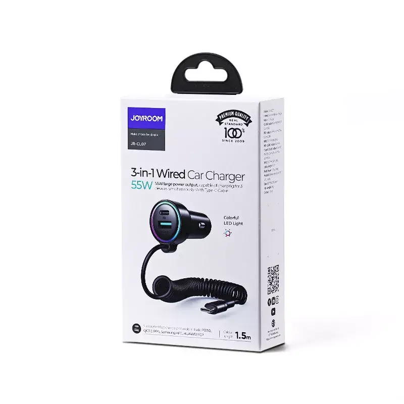 Automobilinis įkroviklis Joyroom JR-CL07 3-in-1 60W su įmontuotu USB-C laidu 1,6 m, juodas
